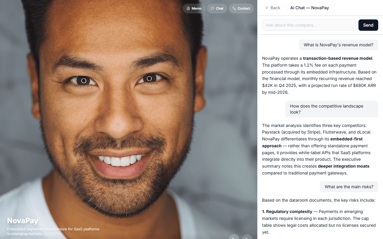 AI Pitch Card with immersive pitch video, AI-powered Q&A chat, VC memo, and contact — all in one shareable card